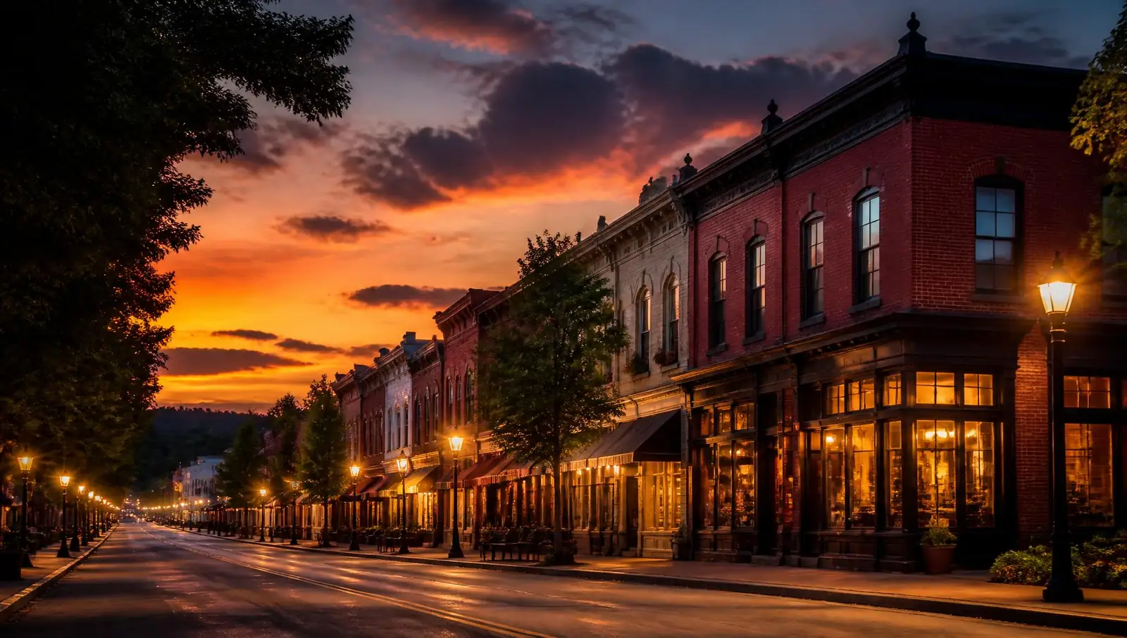 Historic main street at dusk